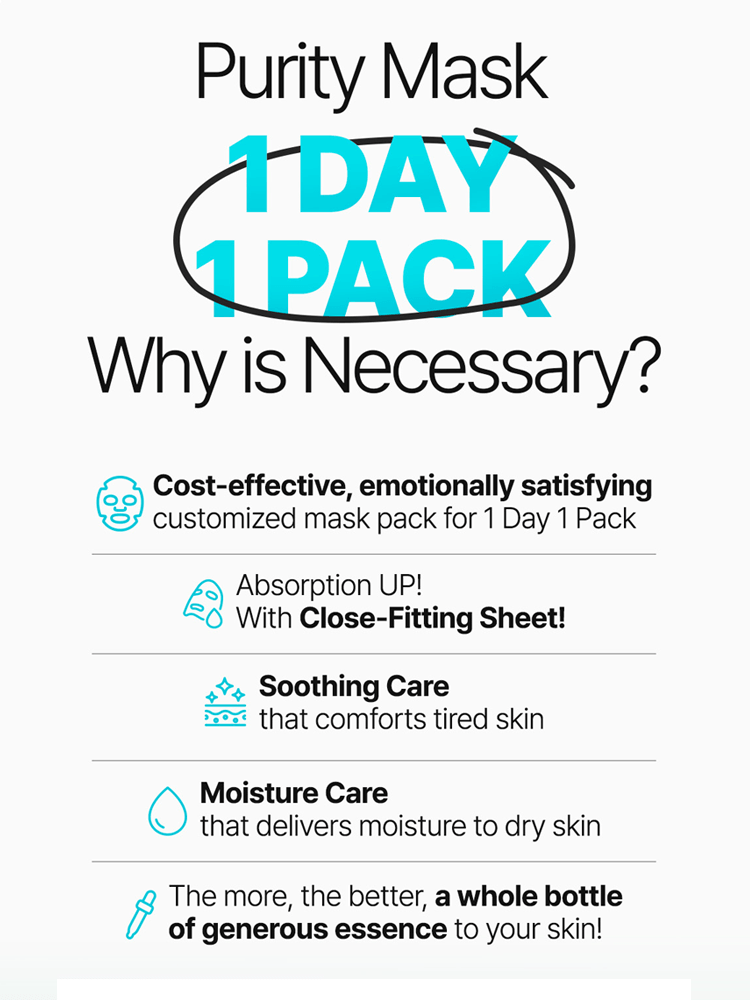 EUNYUL Purity Mask features benefits of 1 Day 1 Pack, including soothing care and moisture care for tired skin.