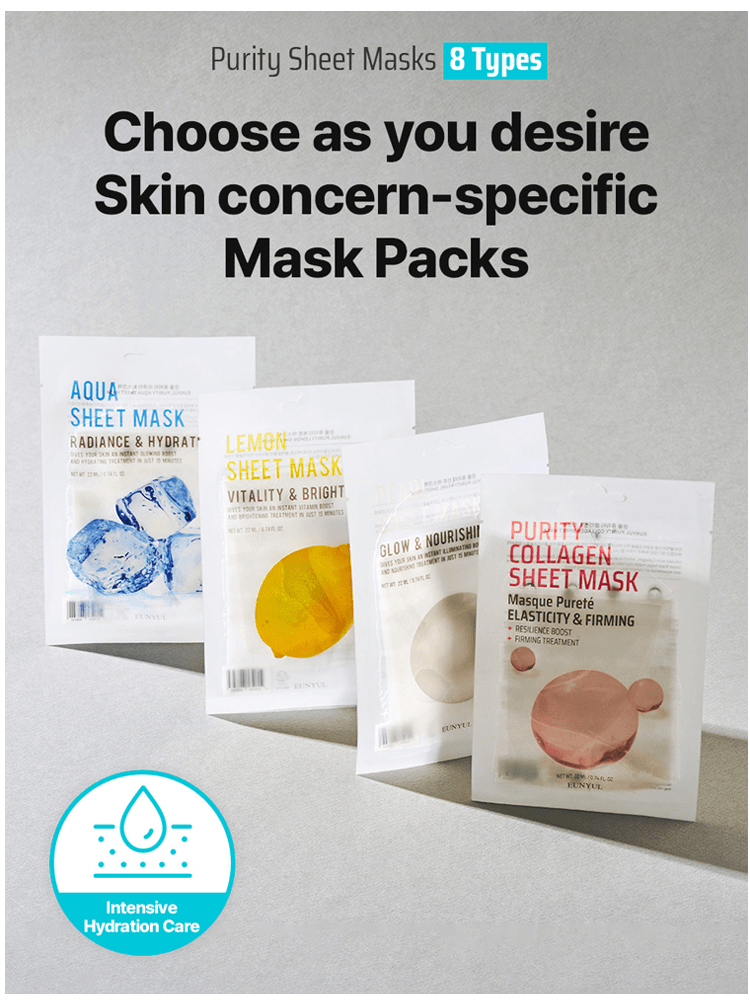 EUNYUL Purity Mask collection featuring 8 types of skin concern-specific sheet masks for intensive hydration care.
