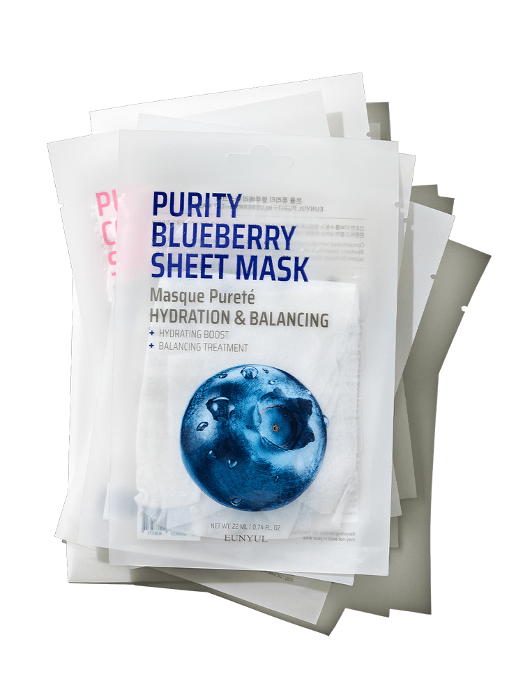 EUNYUL Purity Mask packaging featuring a blueberry sheet mask, highlighting hydration and balancing treatment.