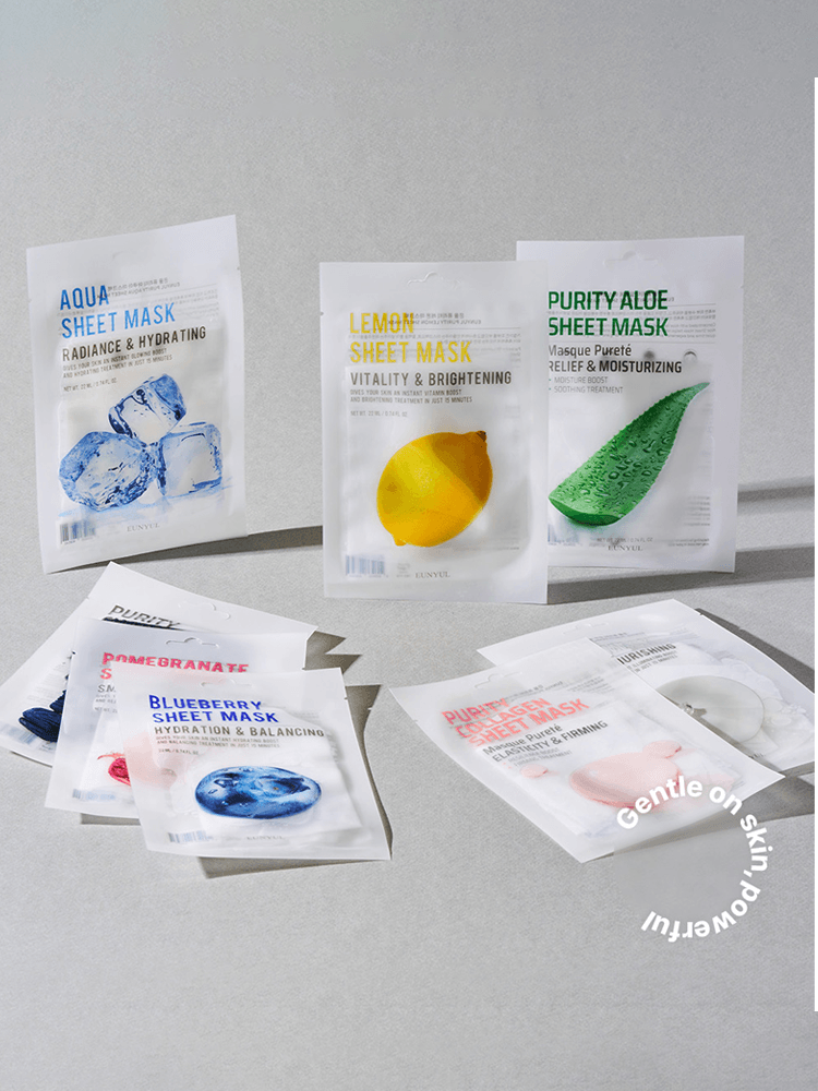 EUNYUL Purity Mask and various other sheet masks arranged on a light surface, showcasing hydration and skincare benefits.