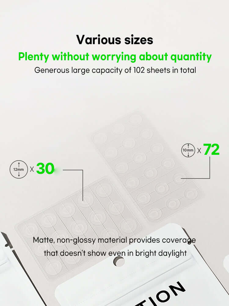 FATION Nosca9 Spot Patch 102ea various sizes shown with matte, non-glossy material for discreet coverage.