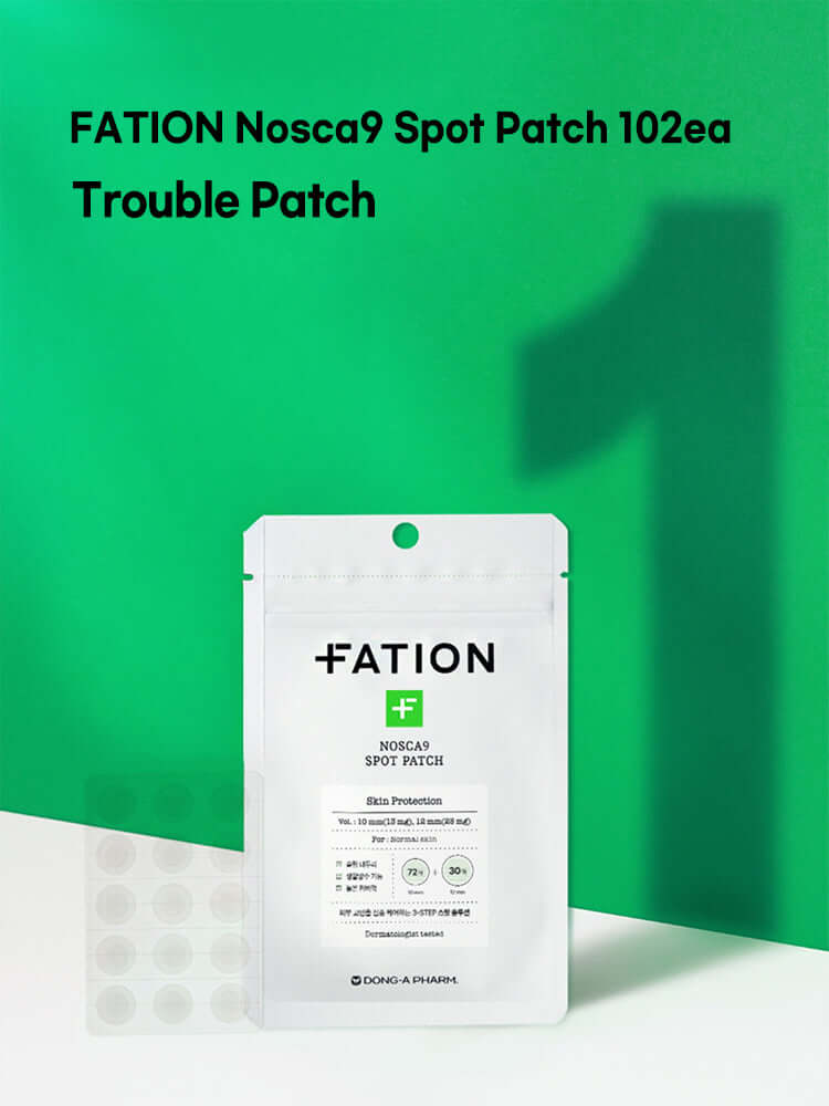 FATION Nosca9 Spot Patch 102ea Trouble Patch packaging on a vibrant green background.
