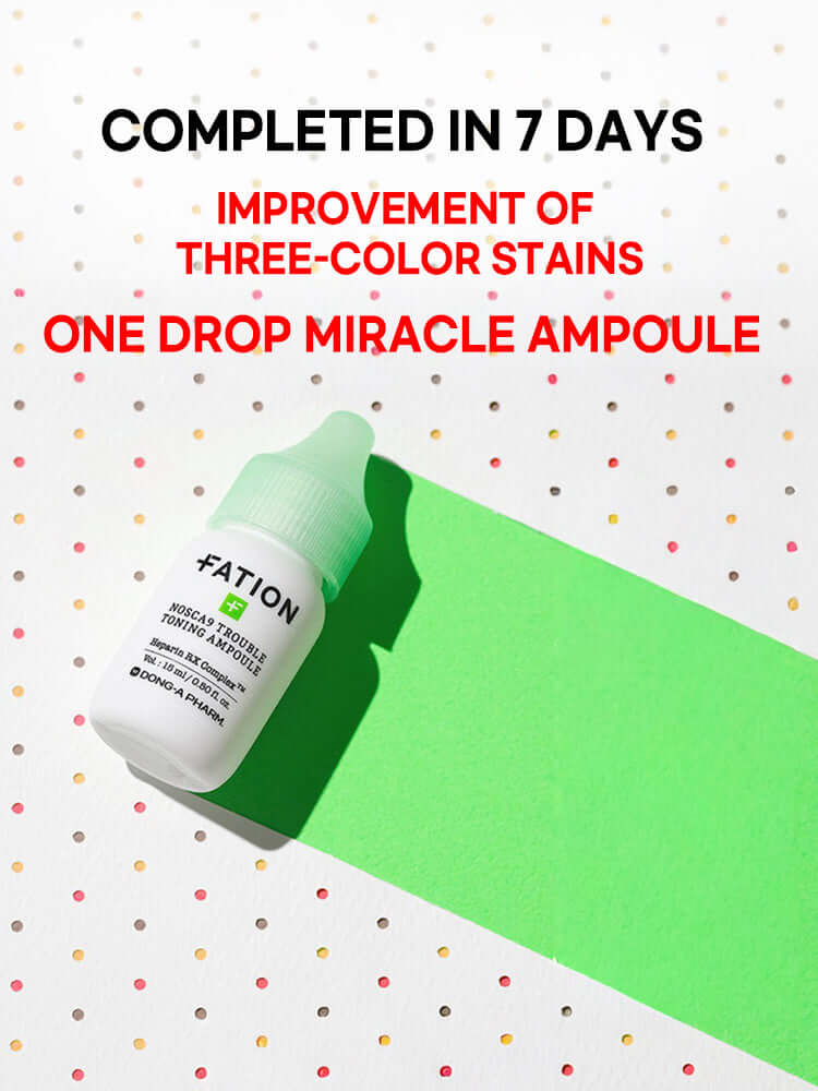 FATION Nosca9 Trouble Toning Ampoule 15ml on a colorful background highlighting its skin benefits.
