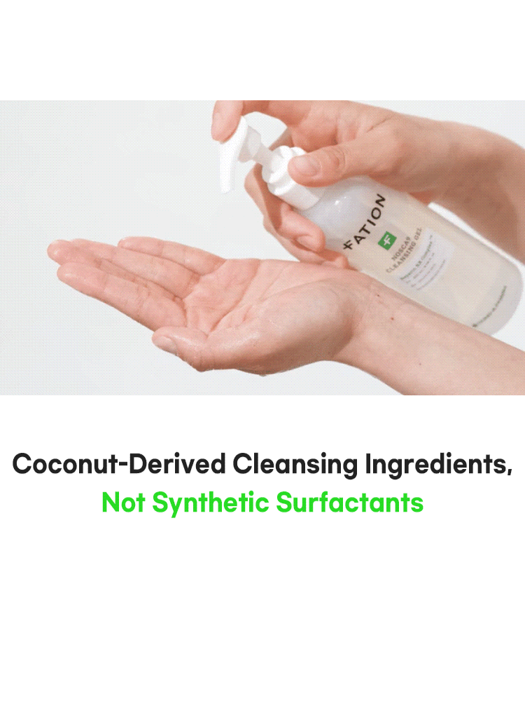 FATION Nosca9 Cleansing Gel 200m being dispensed onto a hand with coconut-derived ingredients and no synthetic surfactants.