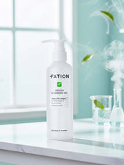 FATION Nosca9 Cleansing Gel 200m bottle with pump on a marble countertop in a bright, airy setting.