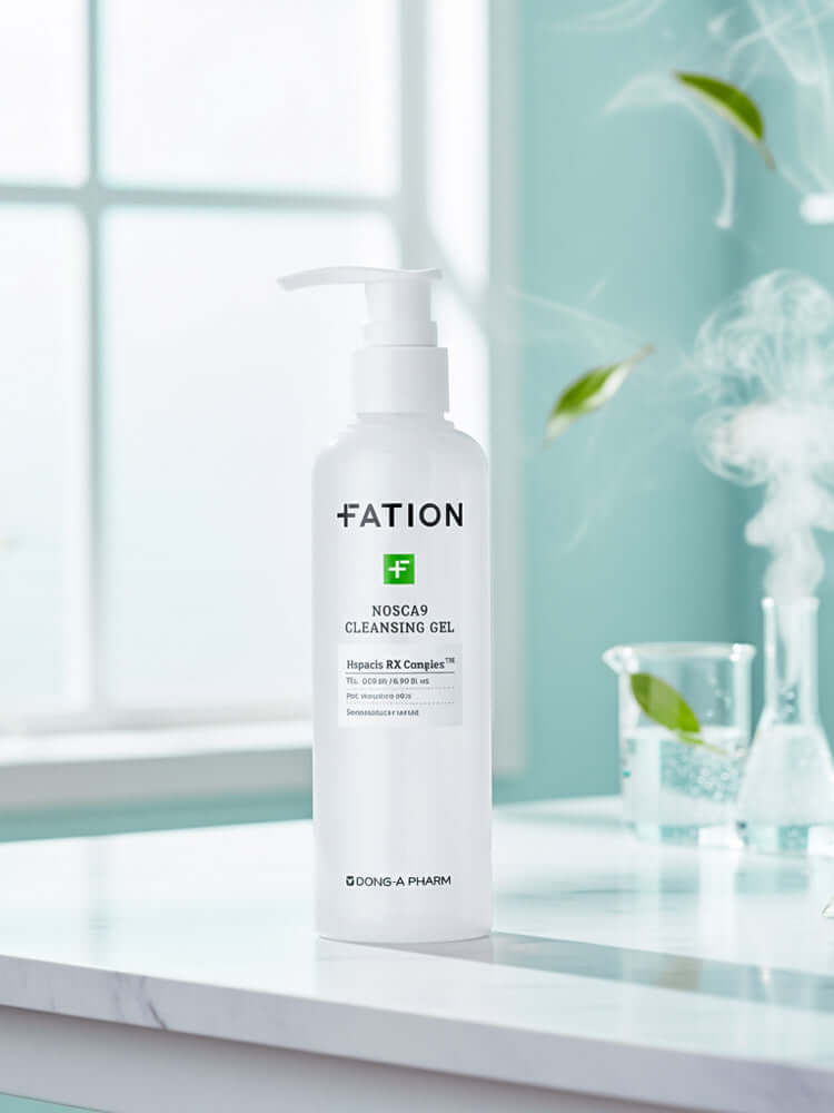 FATION Nosca9 Cleansing Gel 200m bottle with pump on a marble countertop in a bright, airy setting.