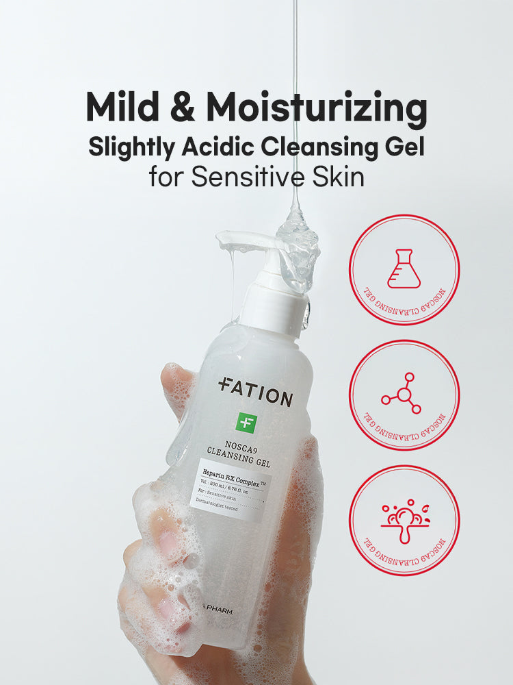 FATION Nosca9 Cleansing Gel 200m in use, showcasing its mild and moisturizing formula for sensitive skin.