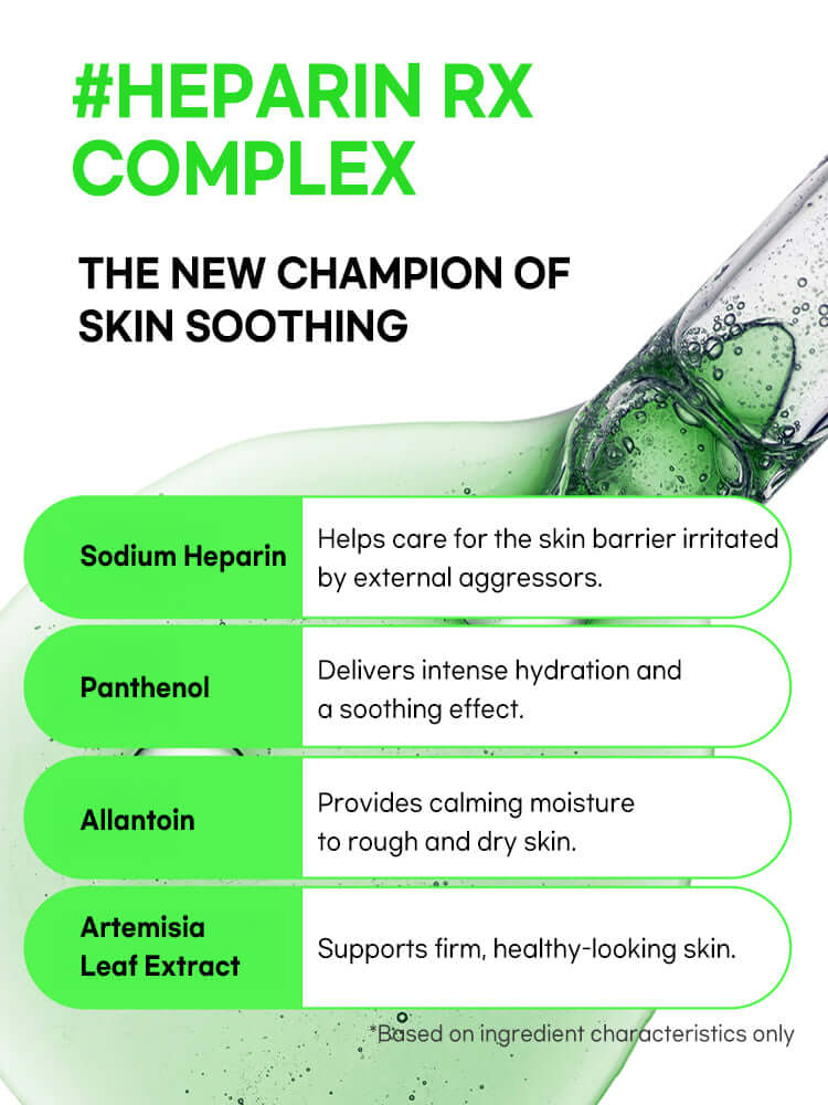 Image illustrating the #HEPARIN RX COMPLEX with benefits of Sodium Heparin, Panthenol, Allantoin, and Artemisia Leaf Extract.