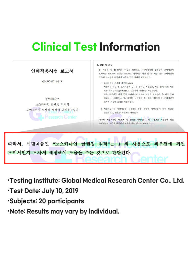 FATION Nosca9 Cleansing Gel 200m clinical test information from Global Medical Research Center, tested with 20 participants.