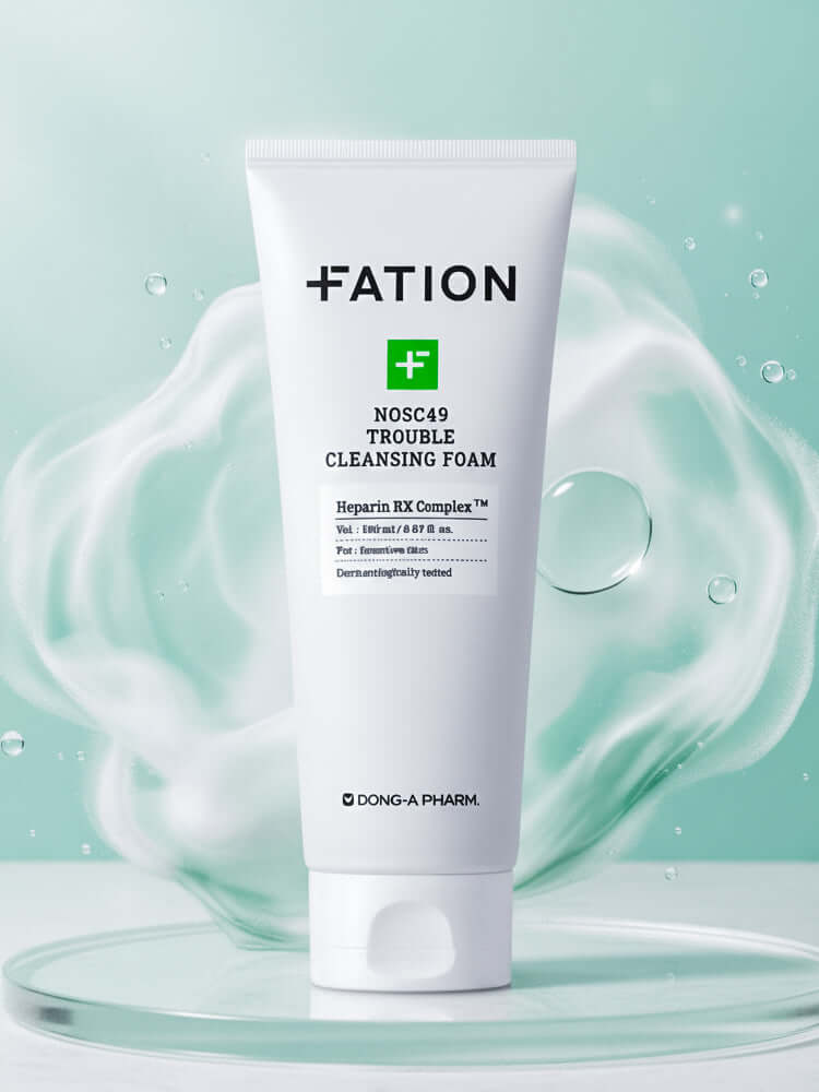 FATION Nosca9 Trouble Cleansing Foam 150ml tube with bubbles in background, designed for deep cleansing and moisture balance.
