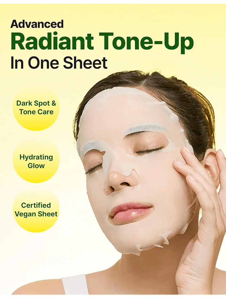 GOODAL Green Tangerine Vita C Dark Spot Care Serum Mask Alpha shown on a model's face, highlighting radiant tone-up benefits.