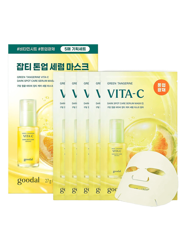 GOODAL Green Tangerine Vita C Dark Spot Care Serum Mask Alpha 27g 5pad, sheet mask for dark spot care, brightening treatment.