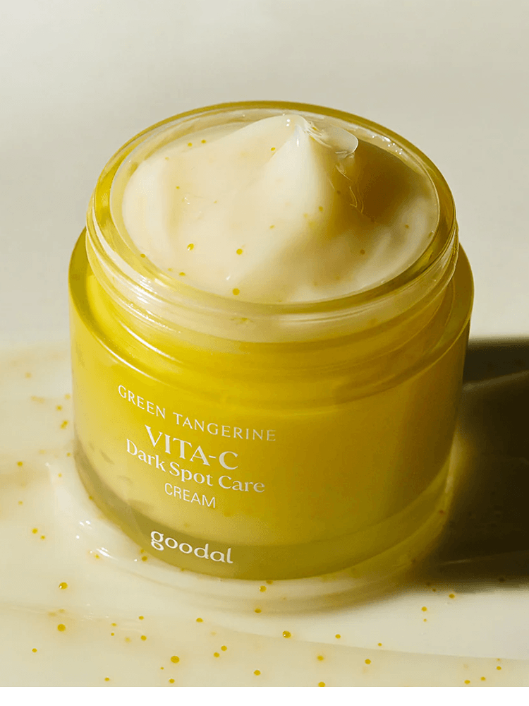 GOODAL Green Tangerine Vita C Dark Spot Care Cream Alpha in a jar with cream texture and bright packaging.