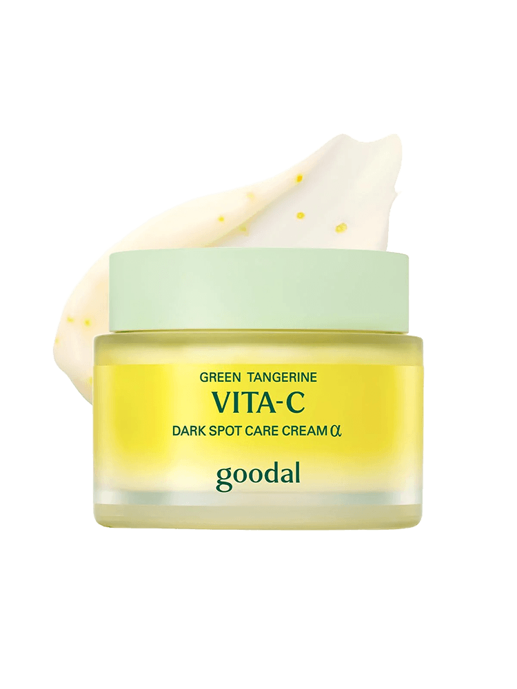GOODAL Green Tangerine Vita C Dark Spot Care Cream Alpha in a jar with creamy texture and vibrant packaging.