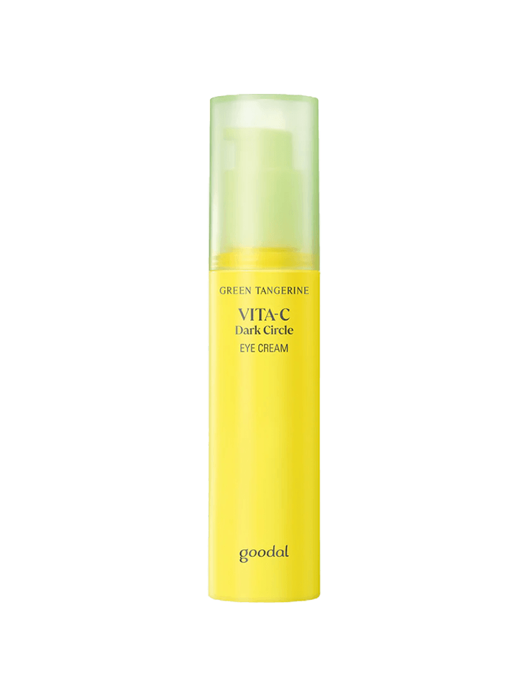 GOODAL Green Tangerine Vita C Dark Spot Care Eye Cream in a yellow container with a green cap.