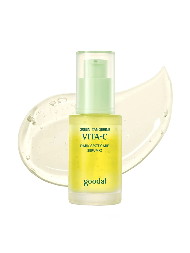GOODAL Green Tangerine Vita C Dark Spot Care Serum Alpha 40ml bottle with gel texture, designed for brightening and hydration.