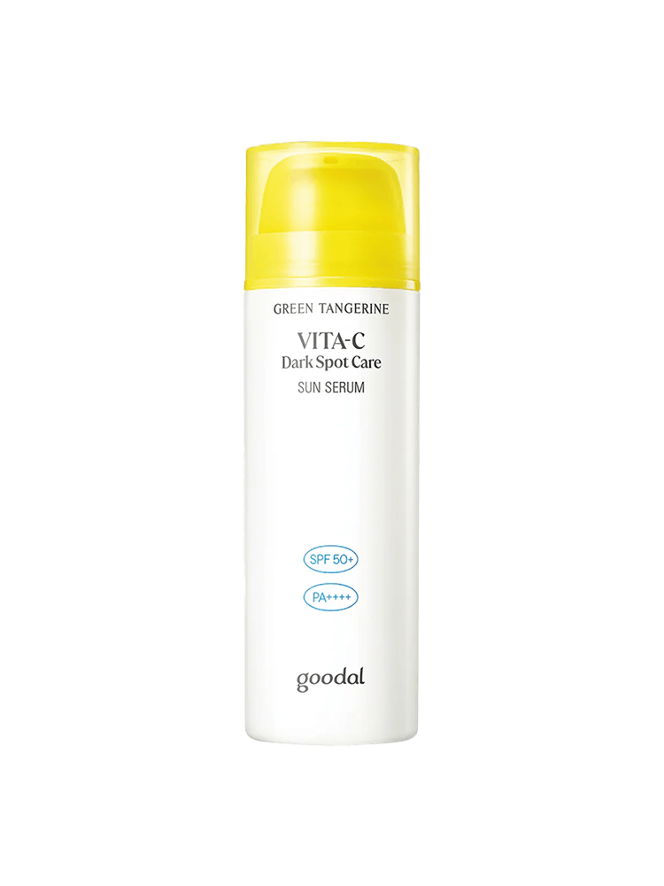 GOODAL Green Tangerine Vita C Dark Spot Care Sun Serum 50ml with yellow cap and SPF 50+ PA++++ label.
