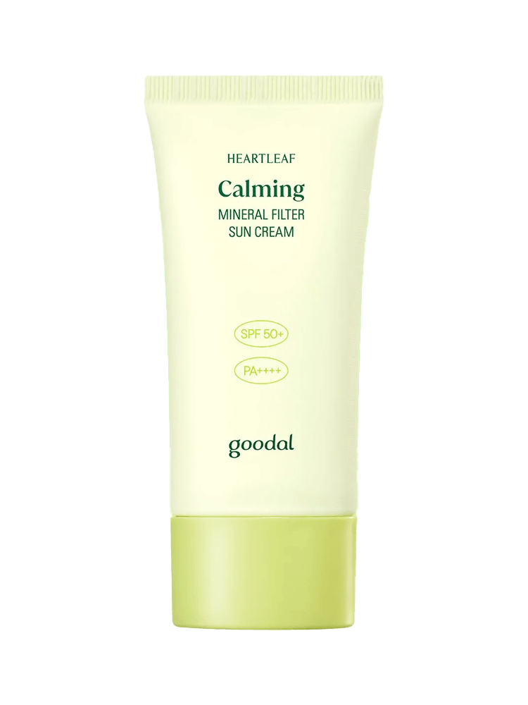 GOODAL Heartleaf Calming Mineral Filter Sun Cream 50ml tube packaging with calming and protective features.
