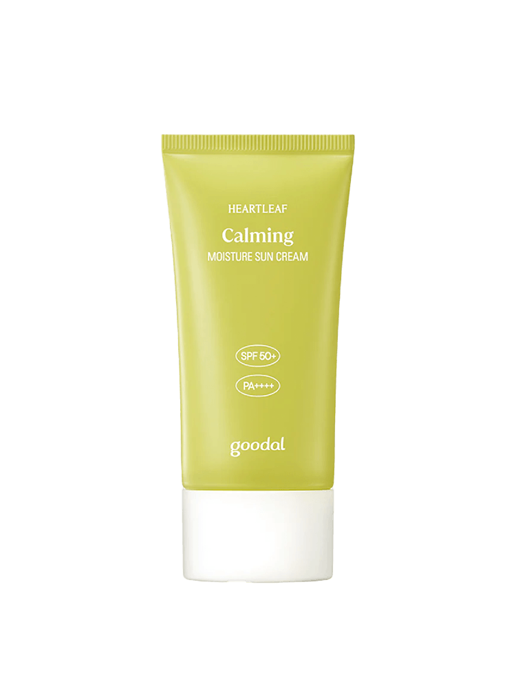 GOODAL Houttuynia Cordata Calming Moisture Sun Cream 50ml in a green tube with SPF 50+ protection.