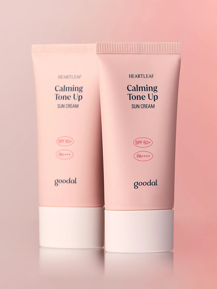 GOODAL Houttuynia Cordata Calming Moisture Tone Up Sun Cream displayed in pink packaging.