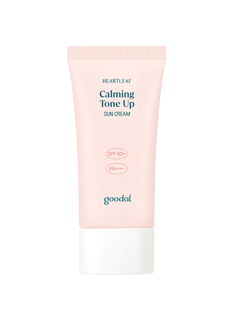 GOODAL Houttuynia Cordata Calming Moisture Tone Up Sun Cream 50ml tube with pink packaging and SPF 50 label