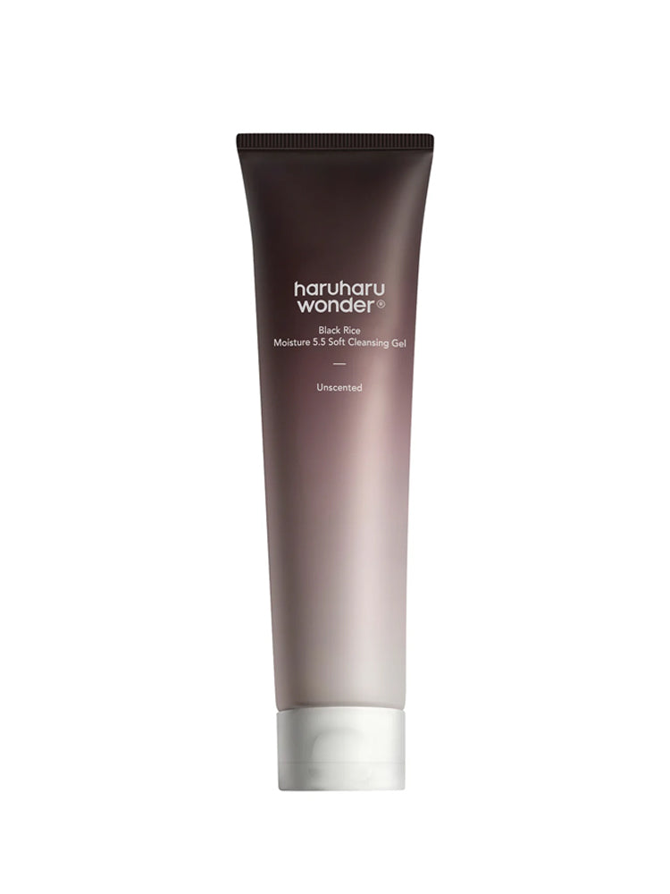 HARUHARU WONDER Black Rice Moisture 5.5 Soft Cleansing Gel 100ml in a sleek tube, fragrance-free formula.