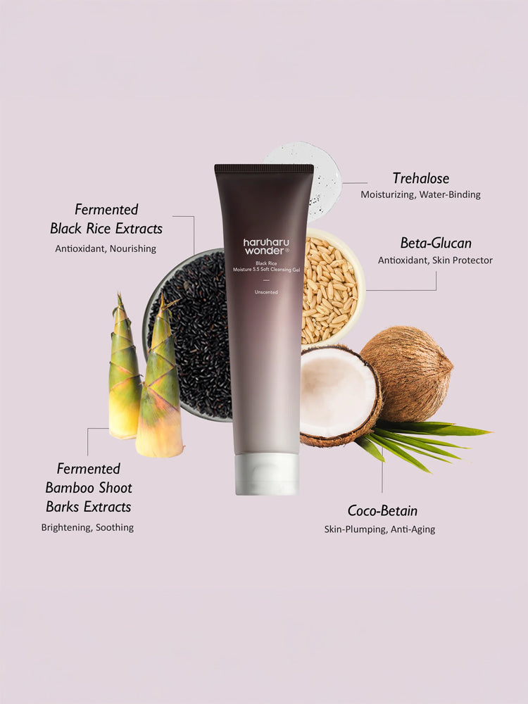 HARUHARU WONDER Black Rice Moisture 5.5 Soft Cleansing Gel 100ml with key ingredients and benefits.