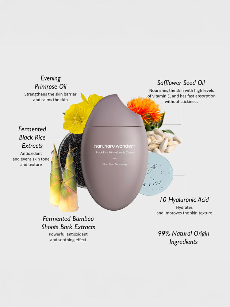 HARUHARU WONDER Black Rice 10 Hyaluronic Cream 50ml with key ingredients and benefits highlighted.