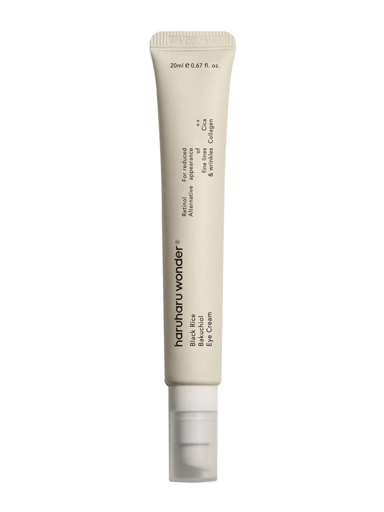 HARUHARU WONDER Black Rice Bakuchiol Eye Cream 20ml in a tube with minimalistic design and pump dispenser.