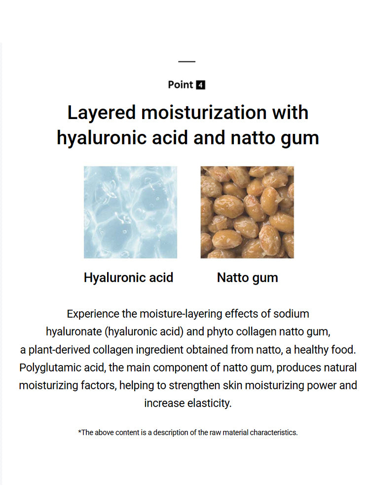 Layered moisture with hyaluronic acid and natto gum showing ingredients and benefits for skin hydration.