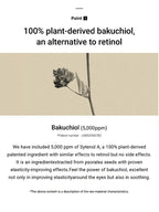 Image highlighting 100% plant-derived bakuchiol, an alternative to retinol, featuring its benefits for skin elasticity.