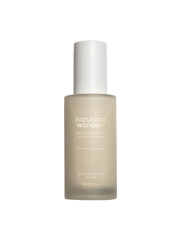 HARUHARU WONDER Black Rice Hyaluronic Anti-wrinkle Serum 50ml in a clear bottle with a pump.