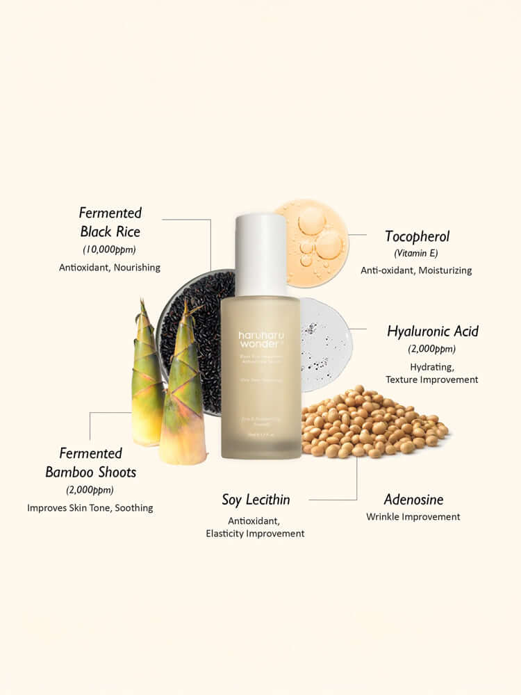 HARUHARU WONDER Black Rice Hyaluronic Anti-wrinkle Serum 50ml with key ingredients labels and benefits.