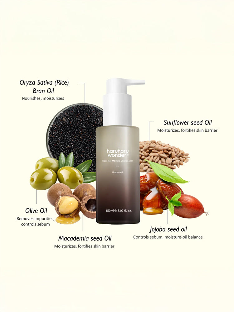 HARUHARU WONDER Black Rice Moisture Deep Cleansing Oil 150ml with nourishing ingredients like oat, sunflower, and olive oils.