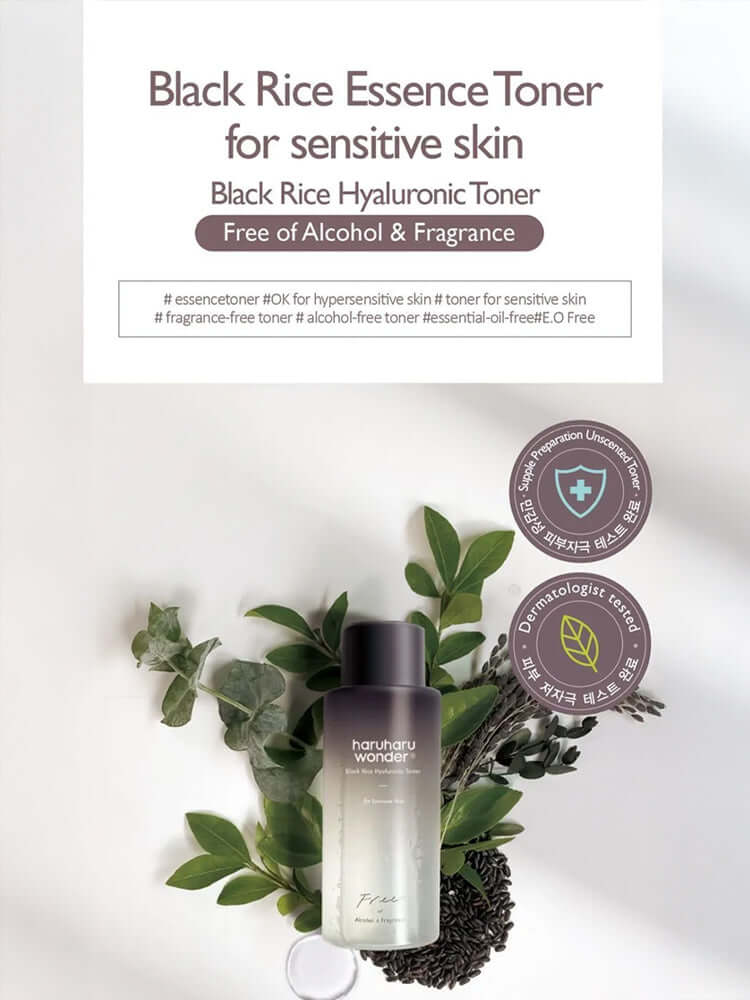 HARUHARU WONDER Black Rice Hyaluronic Toner 150ml with labels for sensitive skin, alcohol-free and fragrance-free.