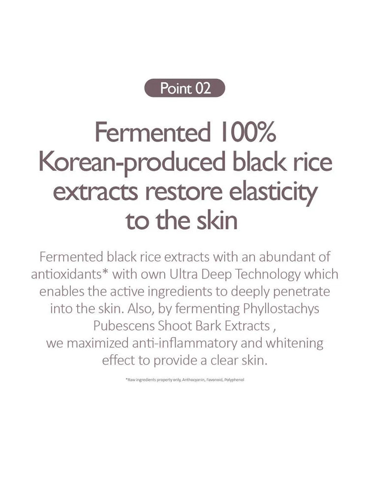 Fermented 100% Korean-produced black rice extracts restore elasticity to the skin for HARUHARU WONDER Black Rice Hyaluronic Toner 150ml.