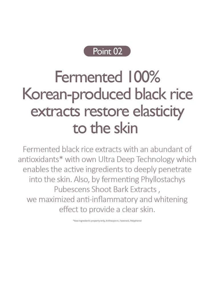Fermented 100% Korean-produced black rice extracts restore elasticity to the skin for HARUHARU WONDER Black Rice Hyaluronic Toner 150ml.