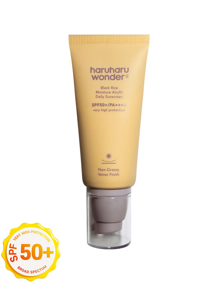 HARUHARU WONDER Black Rice Moisture Airyfit Daily Sunscreen 50ml in a squeeze tube, lightweight and non-greasy.