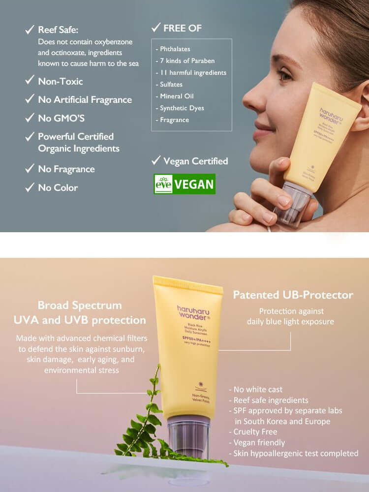 HARUHARU WONDER Black Rice Moisture Airyfit Daily Sunscreen 50ml with vegan certification and benefits of UV protection.