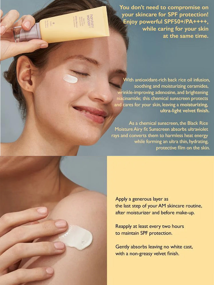 HARUHARU WONDER Black Rice Moisture Airyfit Daily Sunscreen 50ml on model applying sunscreen with a soft velvet finish.