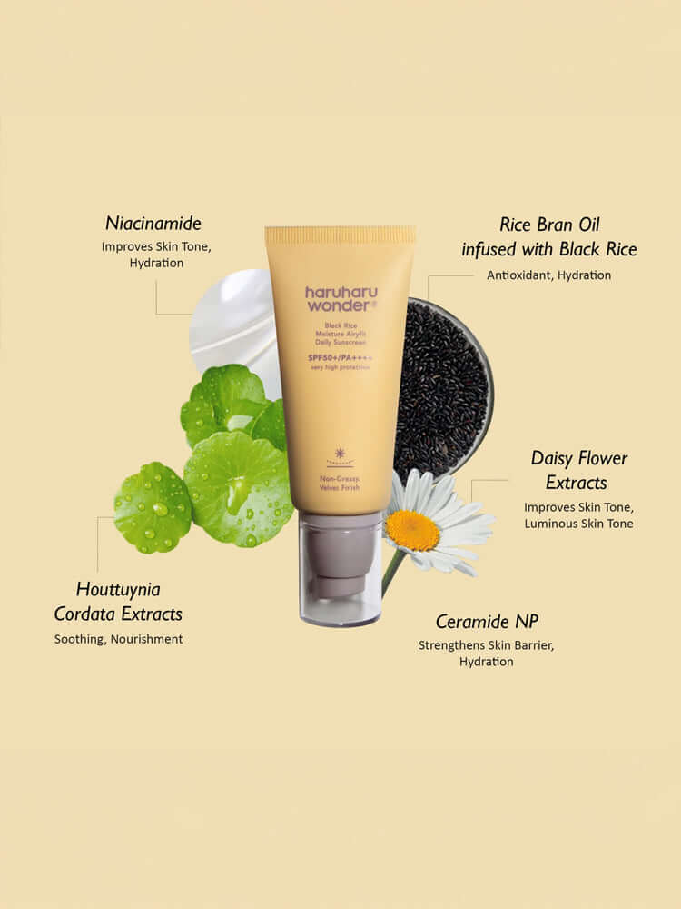 HARUHARU WONDER Black Rice Moisture Airyfit Daily Sunscreen 50ml with key ingredients like Niacinamide and Ceramide NP.