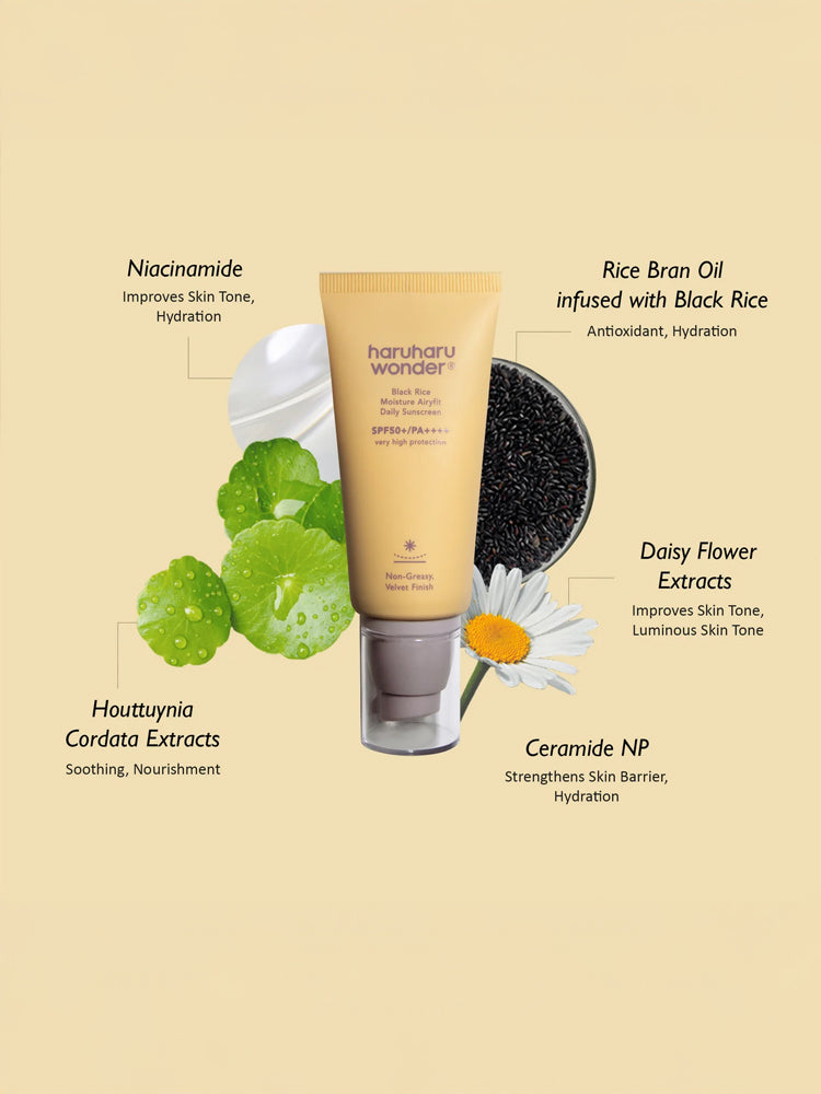 HARUHARU WONDER Black Rice Moisture Airyfit Daily Sunscreen 50ml with key ingredients like Niacinamide and Ceramide NP.