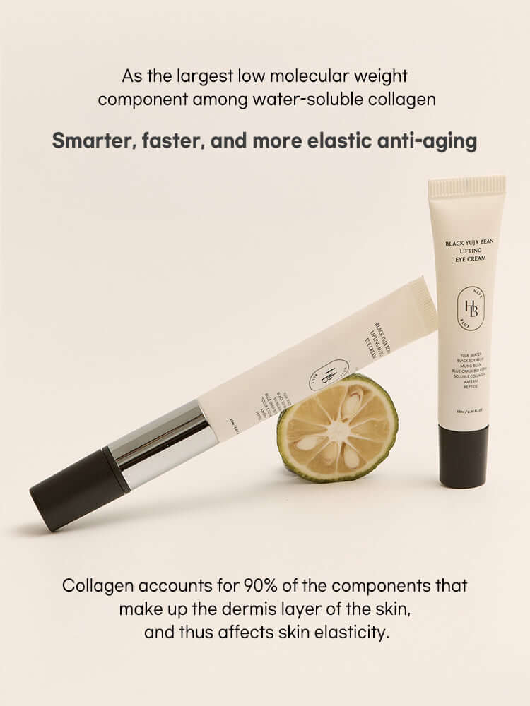 HEVEBLUE Black Yuja Bean Lifting Auto Eye Cream 15ml with lime, showcasing anti-aging benefits and collagen importance.