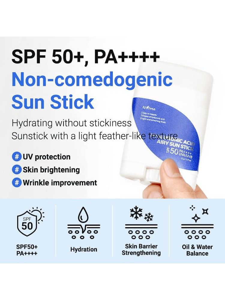 ISNTREE Hyaluronic Acid Airy Sun Stick packaging displaying SPF50+ PA++++ protection features and benefits.
