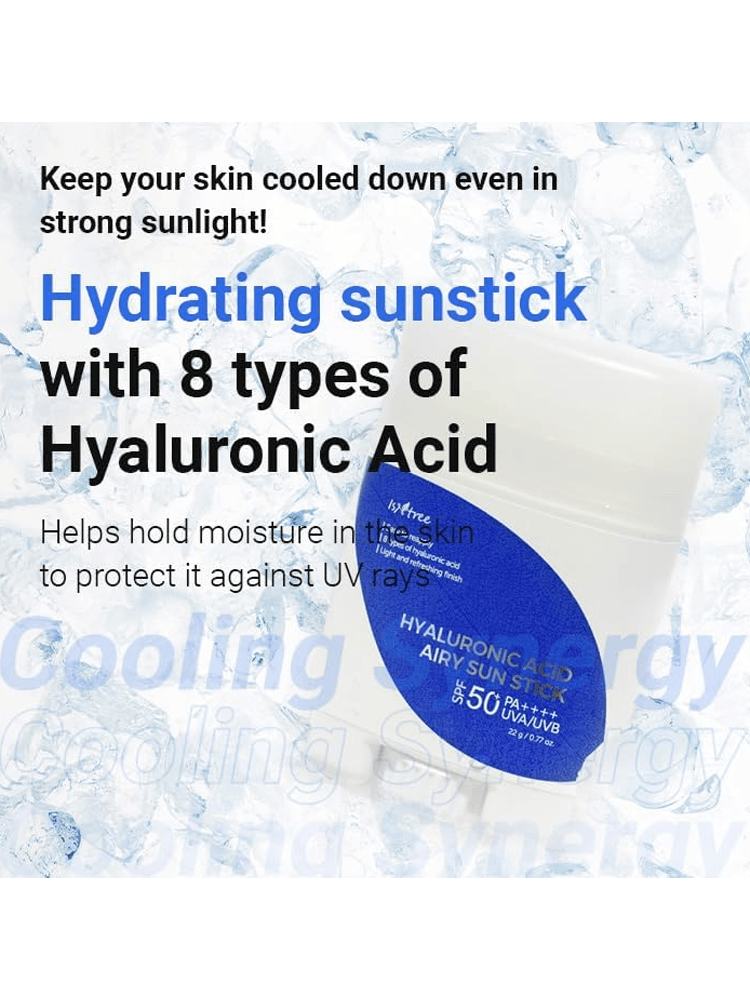 ISNTREE Hyaluronic Acid Airy Sun Stick providing hydration and UV protection with 8 types of hyaluronic acid.