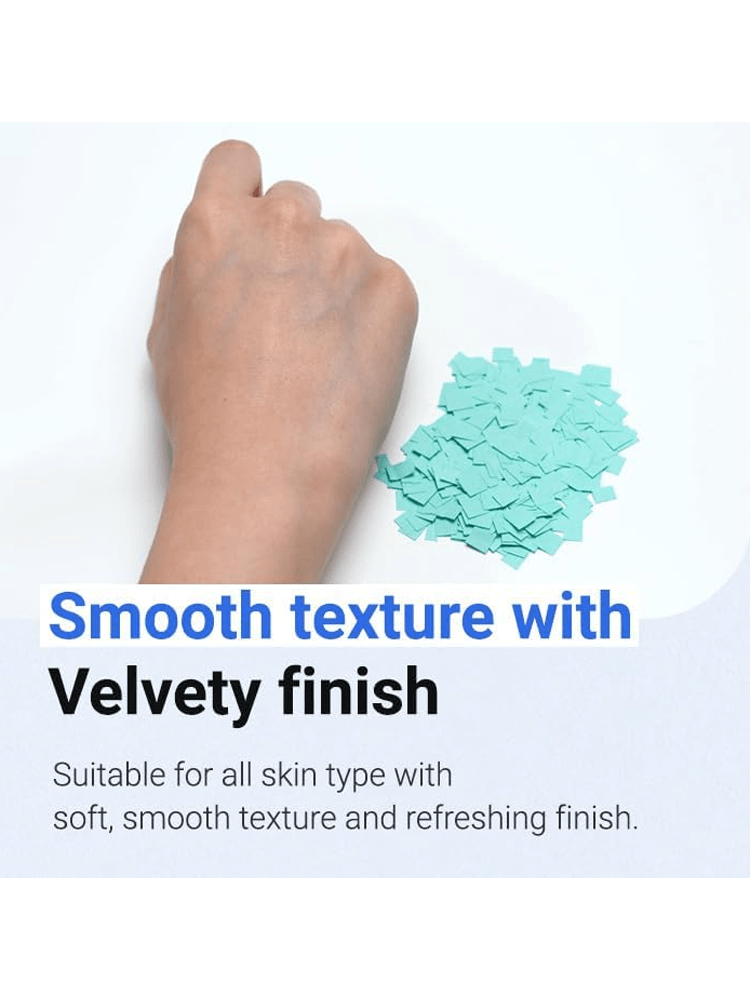 ISNTREE Hyaluronic Acid Airy Sun Stick A hand showing a pile of blue squares, highlighting smooth texture with velvety finish for all skin types.
