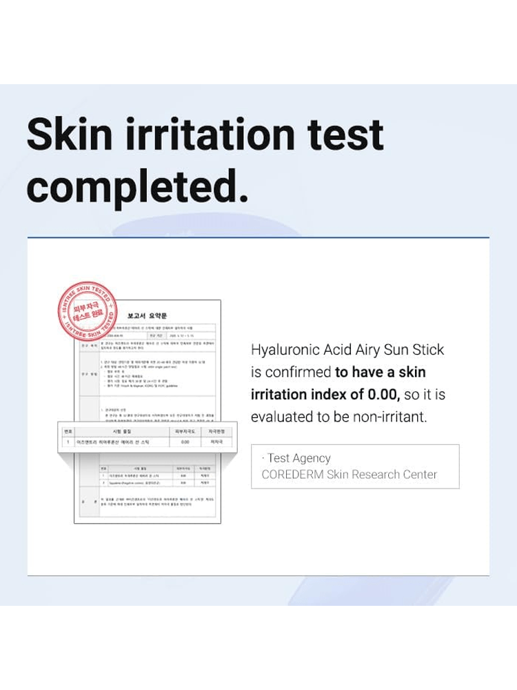 Skin irritation test results for ISNTREE Hyaluronic Acid Airy Sun Stick showing non-irritant status.