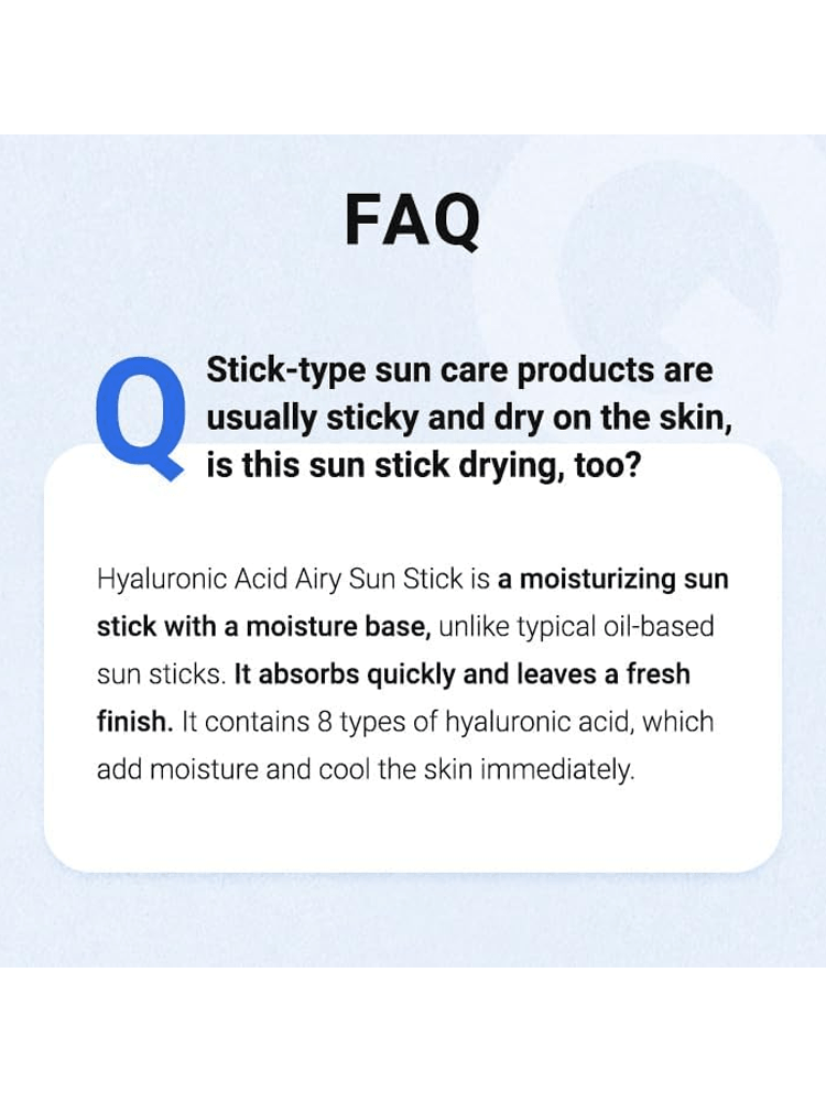 FAQ about ISNTREE Hyaluronic Acid Airy Sun Stick benefits and moisturizing features.