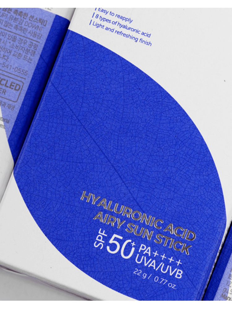 ISNTREE Hyaluronic Acid Airy Sun Stick packaging with blue design and SPF50+ PA++++ details.