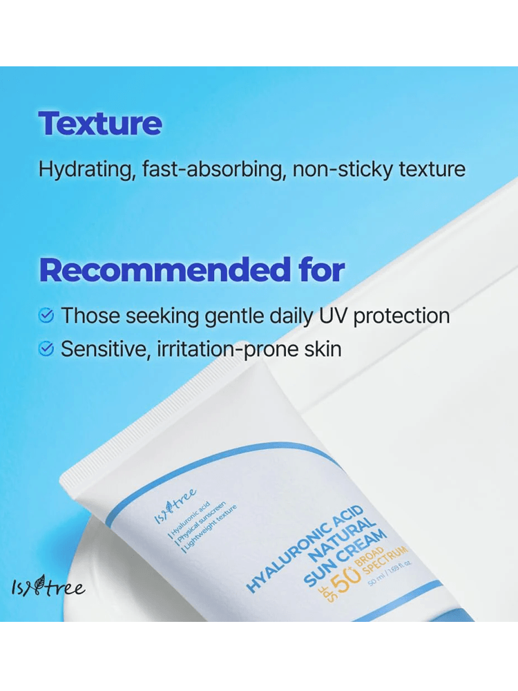ISNTREE Hyaluronic Acid Natural Sun Cream with fast-absorbing texture, recommended for sensitive skin.